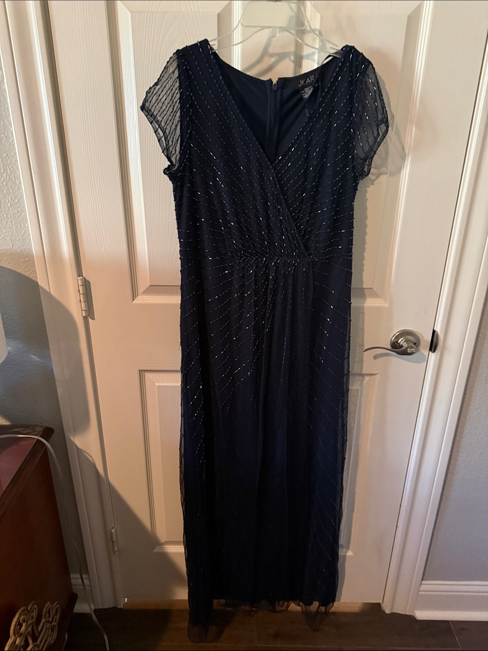 J Kara Navy Beaded V-Neck Maxi Dress